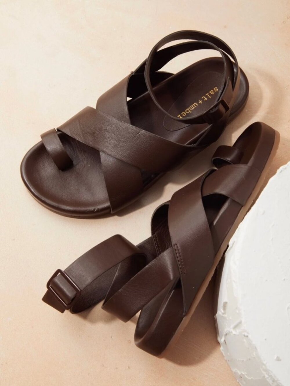 Salt + Umber CAMILLA-BROWN toe loop ankle strap leather footbed sandal